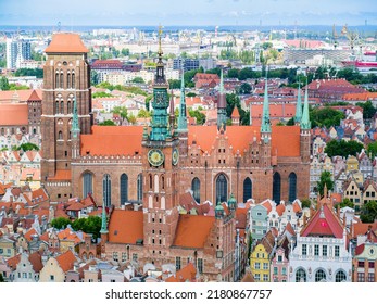 Tourist destination of Gdansk, Town Hall and St. Mary's Basilica, aerial landscape
