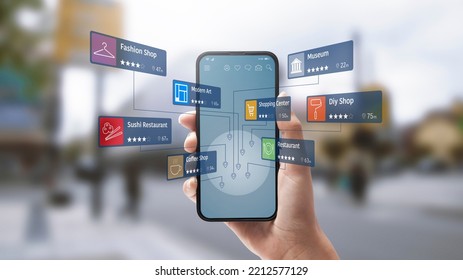 Tourist exploring a city using an augmented reality app on smartphone, she is searching for services and shops - Powered by Shutterstock