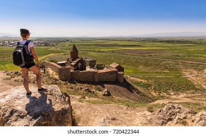 tourist girl looking at the Khor Virap  monasteryArmenia