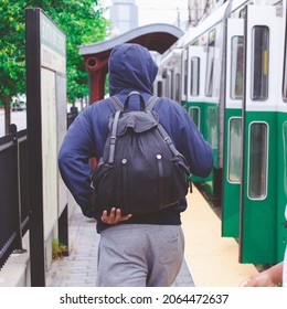  Tourist At Green Line Station In Boston, Massachusetts, USA.