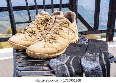 Tourist Hiking Shoes With Socks. Trekking And Hiking, Travel And Tourism Concept. Close-up Stock Photo.