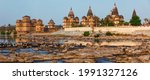 Tourist indian landmark - panorama of Royal cenotaphs of Orchha over Betwa river. Orchha, Madhya Pradesh, India