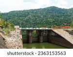 Tourist information sign, Translation Thai text "Huai Kum Dam" is located at Kaset Sombun, Chaiyaphum, Thailand.