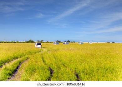 Tourist Jeeps In The Grassy Savannah. Safari - Tour To The Masai Mara. Kenya. Wild Animals In Natural Habitat. The Concept Of Active, Ecological, Exotic, Extreme And Photo Tourism