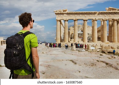 Tourist Looking At Parthenon, Acropolis Ruin, Athens, Greece