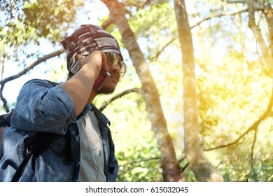 The tourist man is using a smartphone in forest.  Hiker young man with backpack walk alone . - Powered by Shutterstock