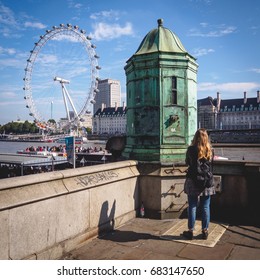 Tourist Near The Westminster Bridge And The Millennium Pier In London (UK). July 2017.