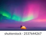 Tourist near yellow tent in winter field against the backdrop of incredible starry sky with Aurora borealis. Gorgeous night landscape with polar lights. Northern lights