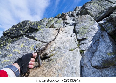 Tourist On Trail To The Rysy Top In High Tatra (Tatry Wysokie), Poland