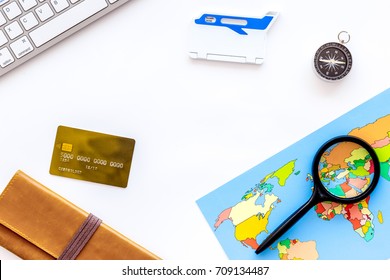 tourist outfit, map, credit card for travelling on white background top view mock up