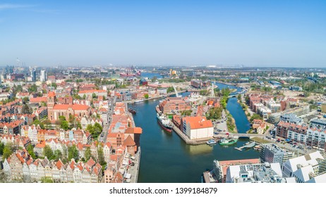 A tourist part of the City of Gdańsk with the Motława River and Ołowianka River visible. Panorama of Gdansk from a bird's eye view.