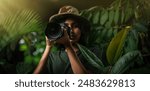 Tourist photographer taking picture of nature, beautiful Asian teenage girl holding camera and taking picture of forest, Wildlife adventure travel and tourism concept banner image