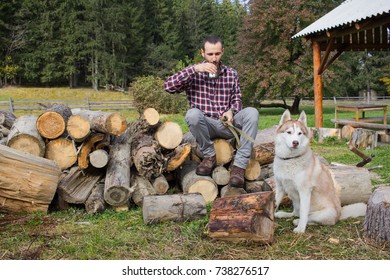 tourist relaxing on the chopped wood with husky dog and drink tea or coffee - Shutterstock ID 738276517