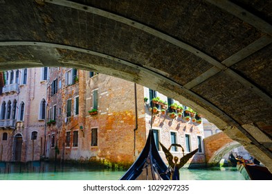 Tourist Ride Pov From Gondola To Narrow Canal In Venice, Italy