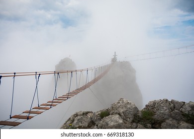 Tourist Route To The Top Of The Mountain. Rope Bridge In The Clouds. Crimea. Ai-Petri