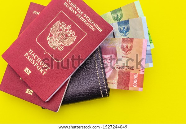 Tourist set for\
travel. Passport, money,\
wallet.