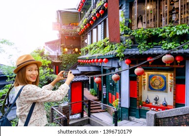 Tourist Taking Picture Chiufen Famous Old Town Landmark At Keelung Taiwan.