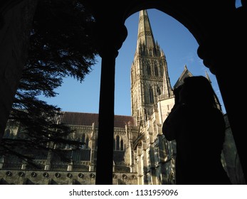 A Tourist Taking Pictures Of The Spire, Dominated The Wiltshire Skyline, Of The Salisbury Cathedral, Cathedral Church Of The Blessed Virgin Mary, An Anglican Cathedral In Salisbury, England, In The UK