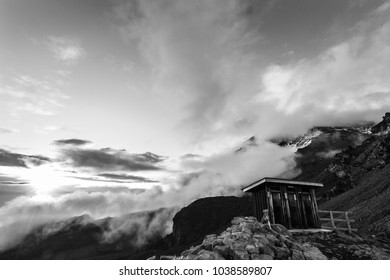 Tourist Toilets At Summit Base Camp Of Mount Kilimanjaro At Sunset, Africa