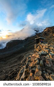 Tourist Toilets At Summit Base Camp Of Mount Kilimanjaro At Sunset, Africa