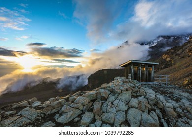 Tourist Toilets At Summit Base Camp Of Mount Kilimanjaro At Sunset, Africa