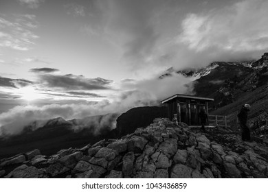 Tourist Toilets At Summit Base Camp Of Mount Kilimanjaro At Sunset, Africa