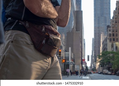 Tourist Travel Urban City Street With Brown Leather Fanny Pack