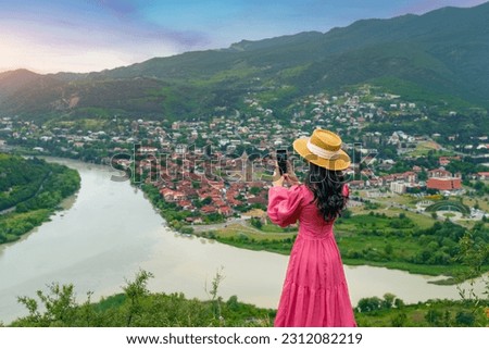 Tourist visiting at Jvari Monastery and Mtskheta city in Georgia.