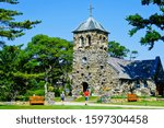 Tourist visiting St. Ann’s by-the-Sea Episcopal Church Kennebunkport Maine USA