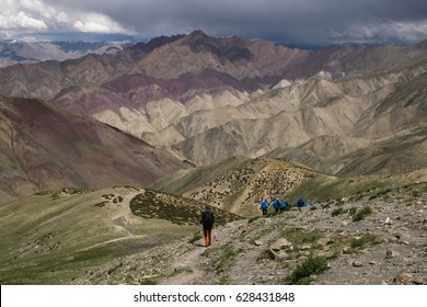 The Tourist Walking Down From Ganda La Pass Before The Storm Start, Markha Valley Trek, Leh Ladakh,India