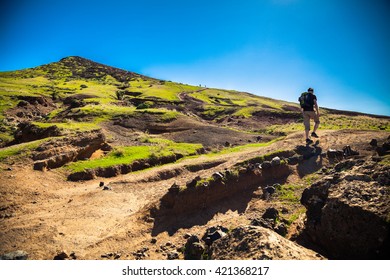 The Tourist Walking On A Trekking Path At Ponta De Sao Lourenco, Madeira