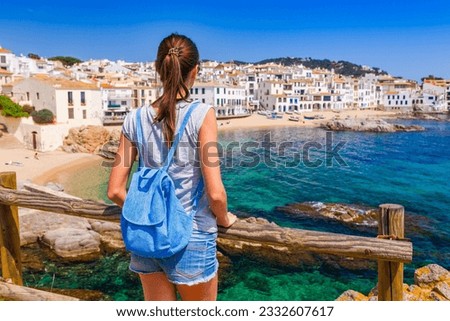 Tourist woman in Calella de Palafrugell, Catalonia, Spain, Europe