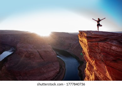 Tourist Woman On Glen Canyon On Arizona. Famous Hiking Place