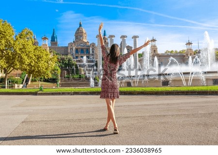Tourist woman on Montjuic hill. Populal sight in Barcelona, Spain.