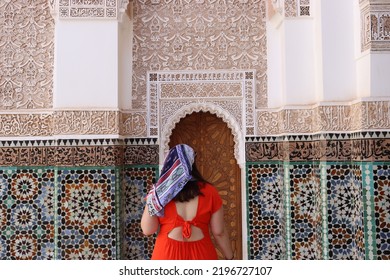Tourist woman with scarf in a monument of Marrakech (Morocco) - Shutterstock ID 2196727107