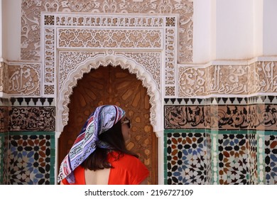 Tourist woman with scarf in a monument of Marrakech (Morocco) - Shutterstock ID 2196727109