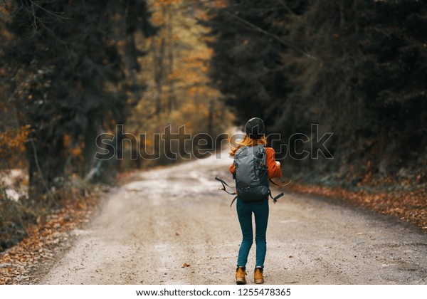 tourist woman walking along a forest road               \
    