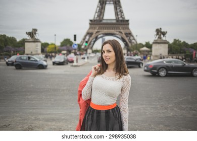 Tourist Young Woman At Eifel Tower Paris