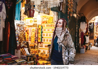 Tourist Young Woman At Jerusalem's Old City Market, Israel