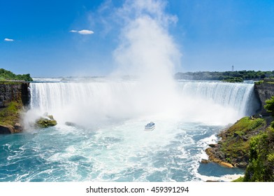 Touristic Boat On Niagara Falls. Horseshoe Waterfall Canada Side