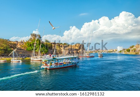 Touristic boats on Nile river in Aswan, Egypt