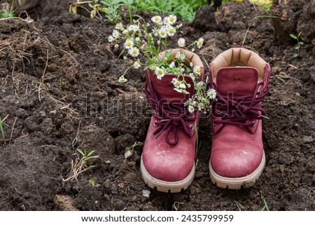 Touristic old boots and flowers on soil in the mountain soil