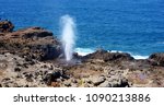 Tourists admiring the Nakalele blowhole on the Maui coastline. A jet of water and air is violently forced out through the hole in the rocks. Hawaii, USA.