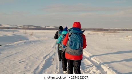 Tourists with backpacks travel through snowy valley in rays of sunset to forest. Group of successful hikers walking through snow towards success and adventure. Business partners, Teamwork of business - Shutterstock ID 2254132307