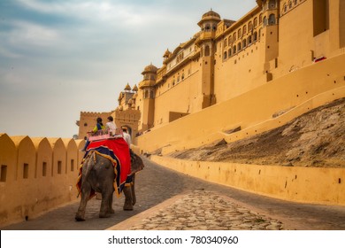 Tourists Enjoy Elephant Ride At Amber Fort Jaipur Rajasthan