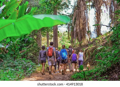 Tourists hiking in the deep jungle of the Khao Yai national park in Thailand , Asia