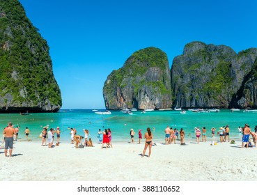 Tourists on the beach of Maya Bay. Phi Phi, Thailand, 11.12.2014. 