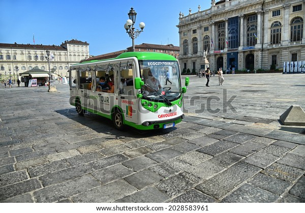 Tourists on electric bus for ecological city tour\
Turin Italy August 20\
2021