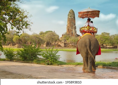 Tourists On An Elephant Ride Tour Of The Ancient City Ayutaya ,thailand