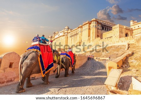 Tourists on elephants in Amber Fort, Jaipur, India